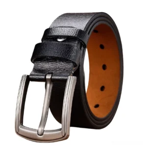 Black gothic PU leather belt with brushed silver rectangular buckle, overhead view on white background