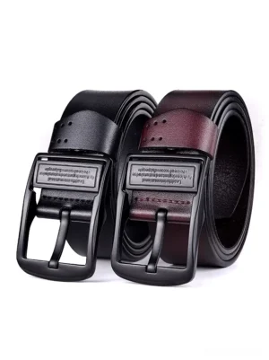 Pair of gothic leather belts - black and wine red with matte black pin buckles, front oblique view