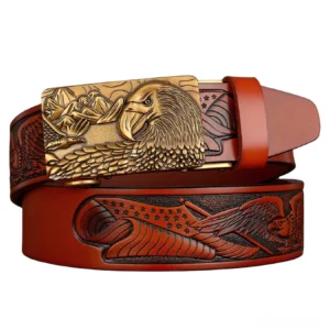 Designer gothic leather belt with bronze-tone eagle buckle, reddish brown leather strap with embossed eagle and flag motif