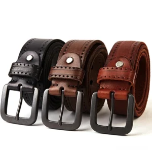 Gothic genuine leather belt with metal buckle, flat lay overhead view showing perforated brogued strap details and industrial square buckle design