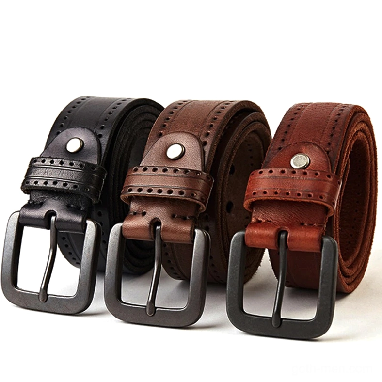 Gothic genuine leather belt with metal buckle, flat lay overhead view showing perforated brogued strap details and industrial square buckle design