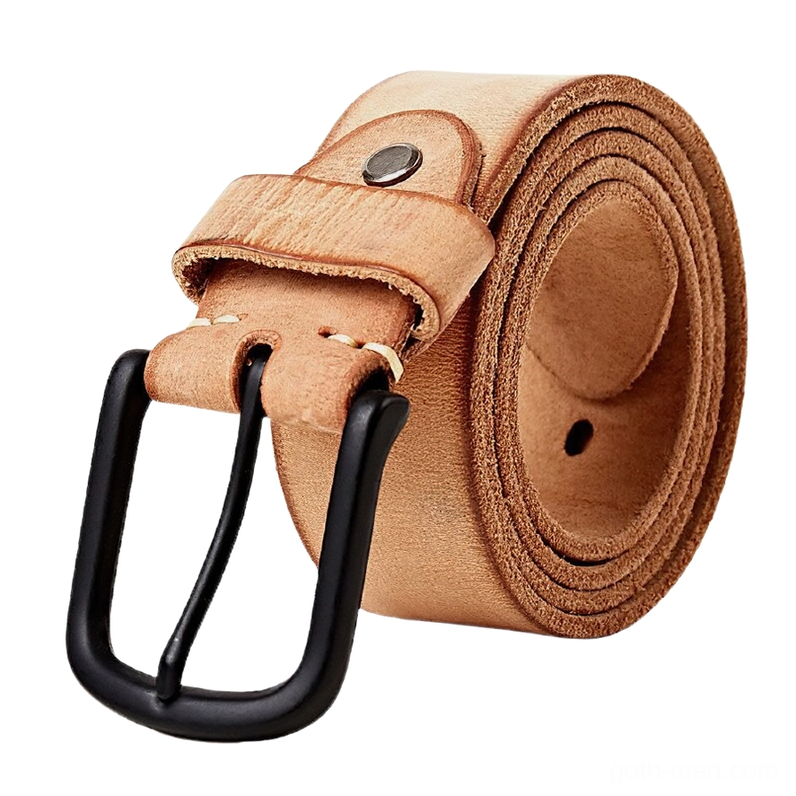 Camel tan distressed genuine leather gothic belt with black pin buckle flat lay