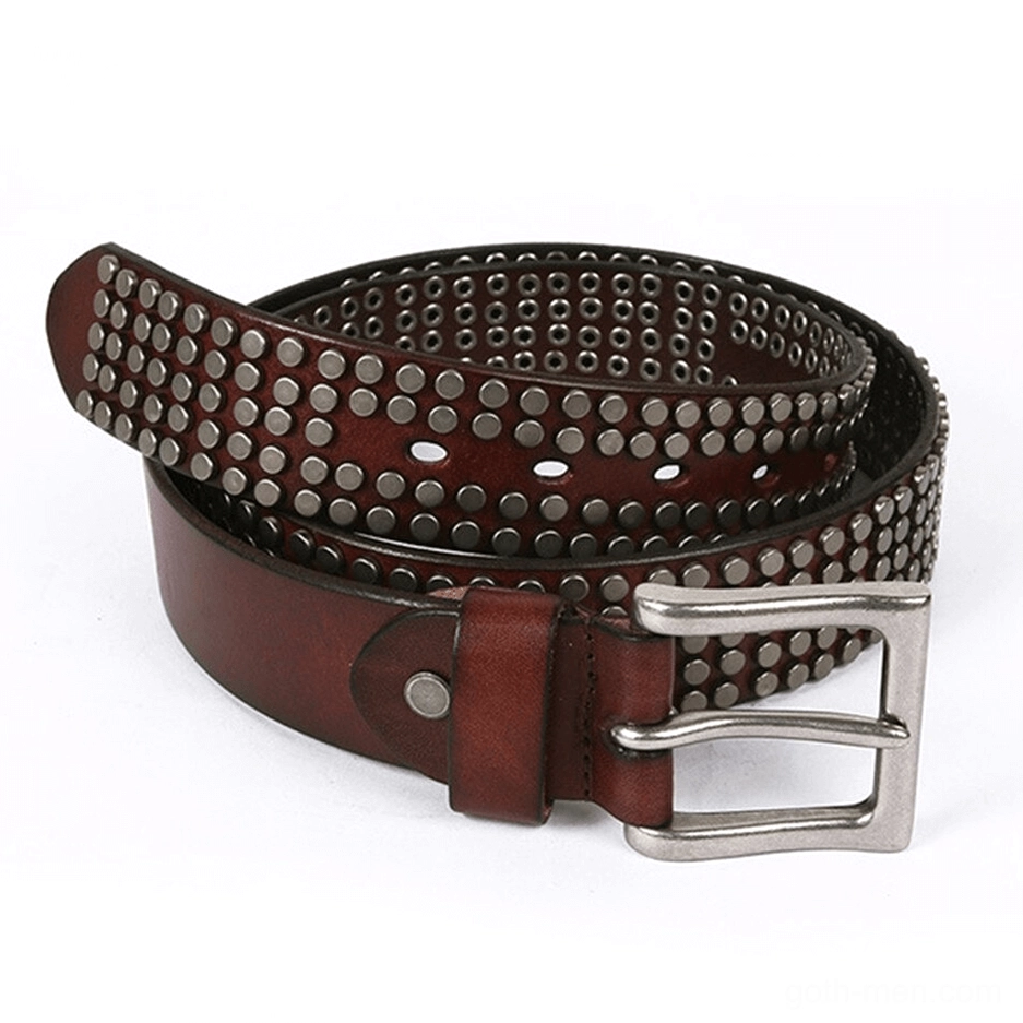 Gothic studded leather belt showcasing craftsmanship and metal embellishment placement