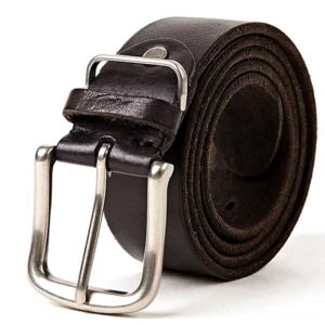 Dark brown genuine leather gothic belt with silver pin buckle, three-quarter view showcasing rolled leather design