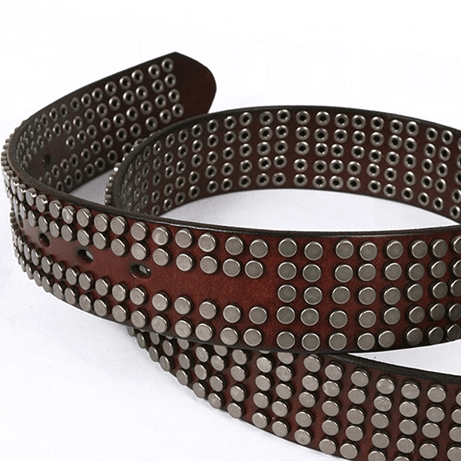 Folded gothic leather belt displaying overall silhouette and proportions with visible rivets