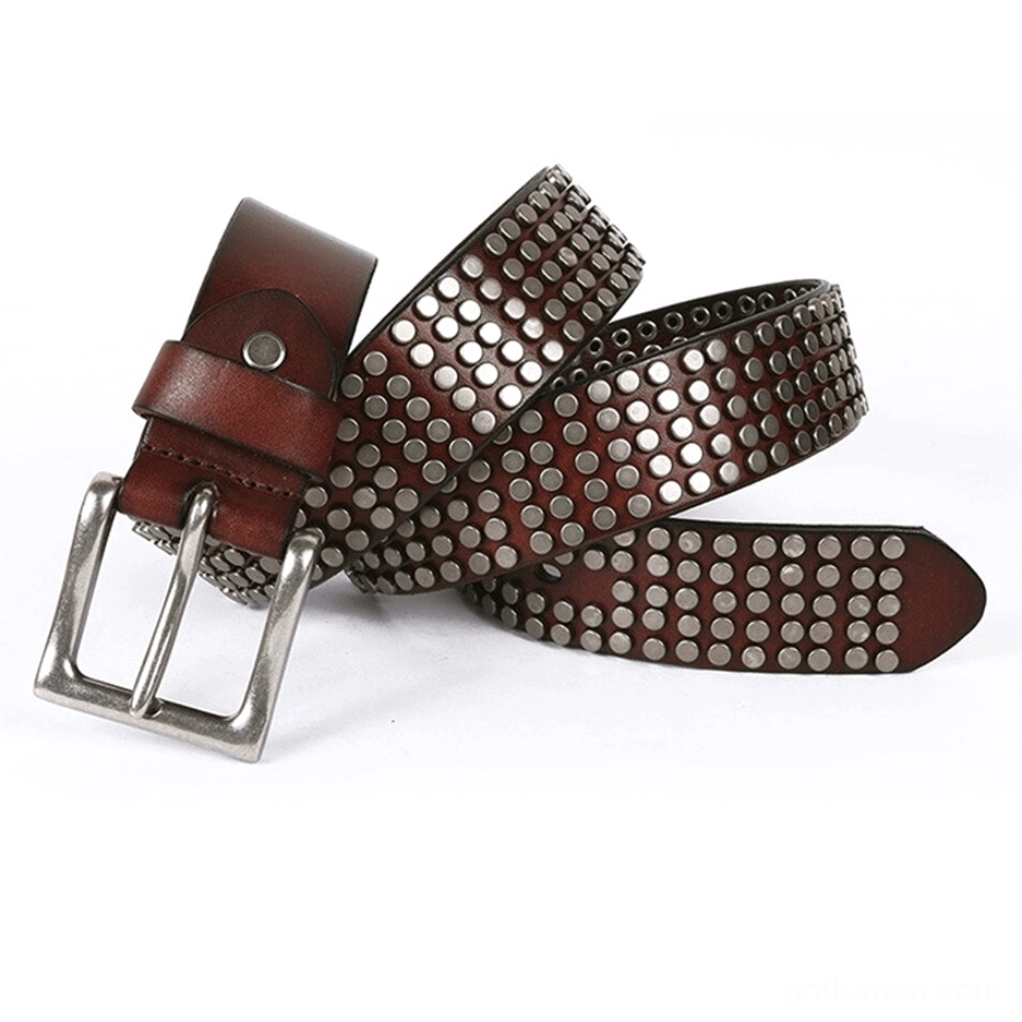 Gothic leather belt with metal rivets and pin buckle - front angled product shot