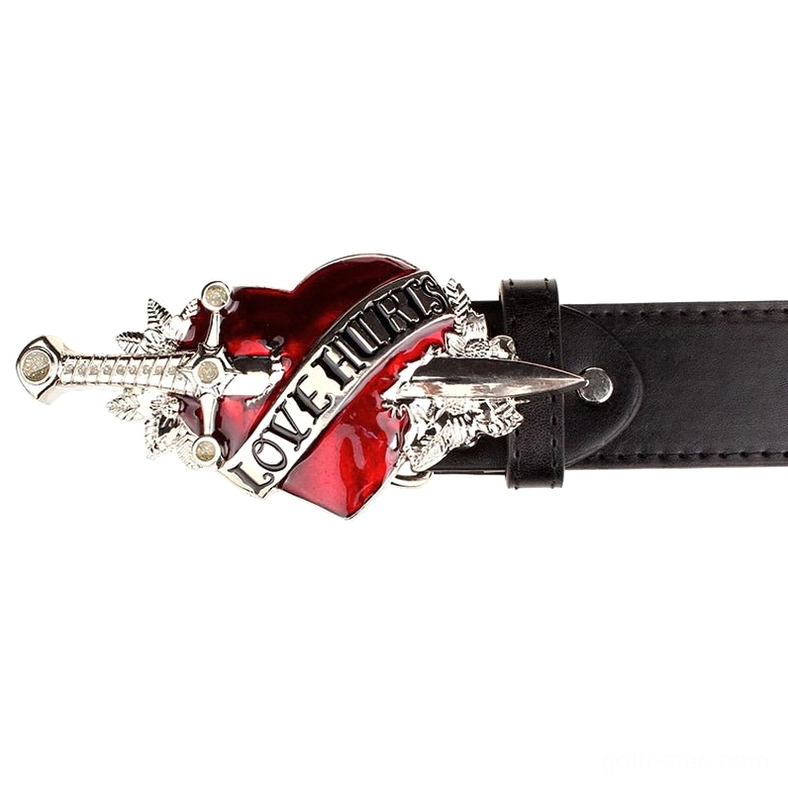 Gothic Love Hurts belt side view showing belt holes, leather strap, and metal heart dagger attachment
