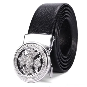 Gothic automatic buckle leather belt with silver rhinestone-carved buckle and black lychee grain genuine leather
