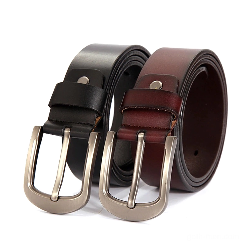 Black and brown genuine leather belts side by side comparison with metal buckles, flat front view