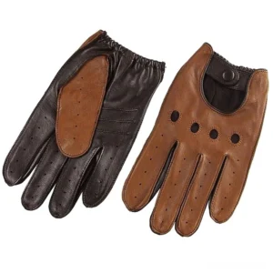 Genuine goatskin leather gothic biker gloves in black and tan brown showing ventilation cutouts and wrist button strap design