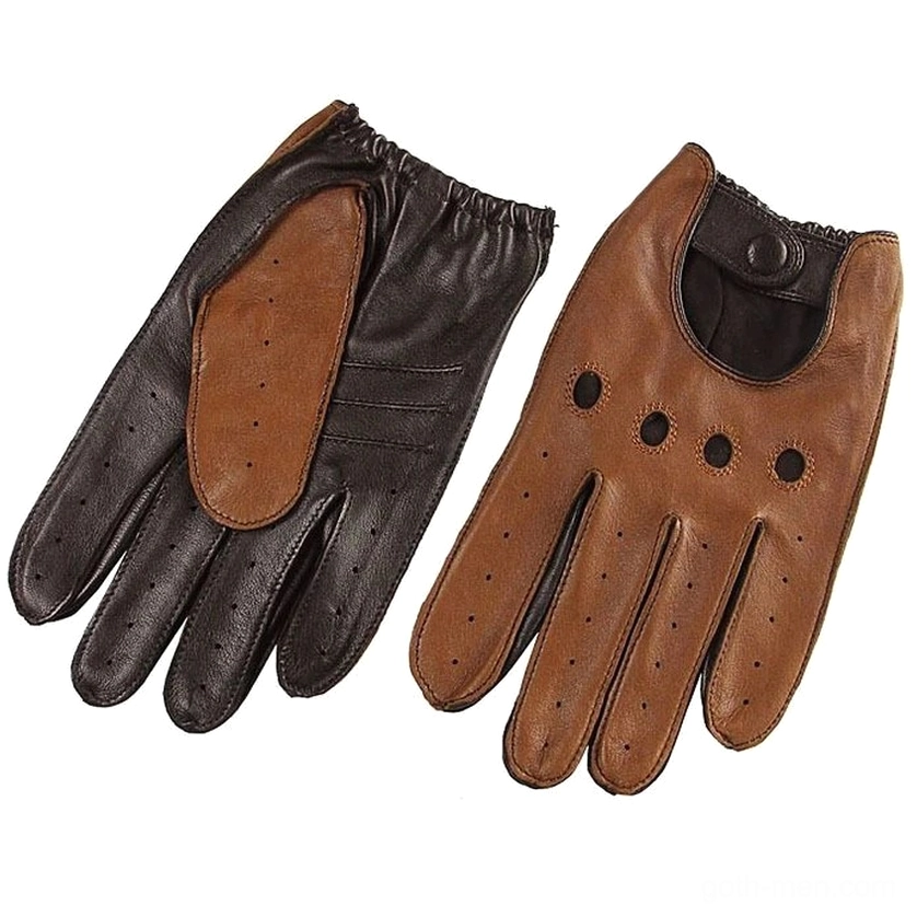 Genuine goatskin leather gothic biker gloves in black and tan brown showing ventilation cutouts and wrist button strap design