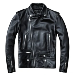 Black sheepskin leather biker jacket with asymmetrical zipper and multi-pocket gothic design - front view