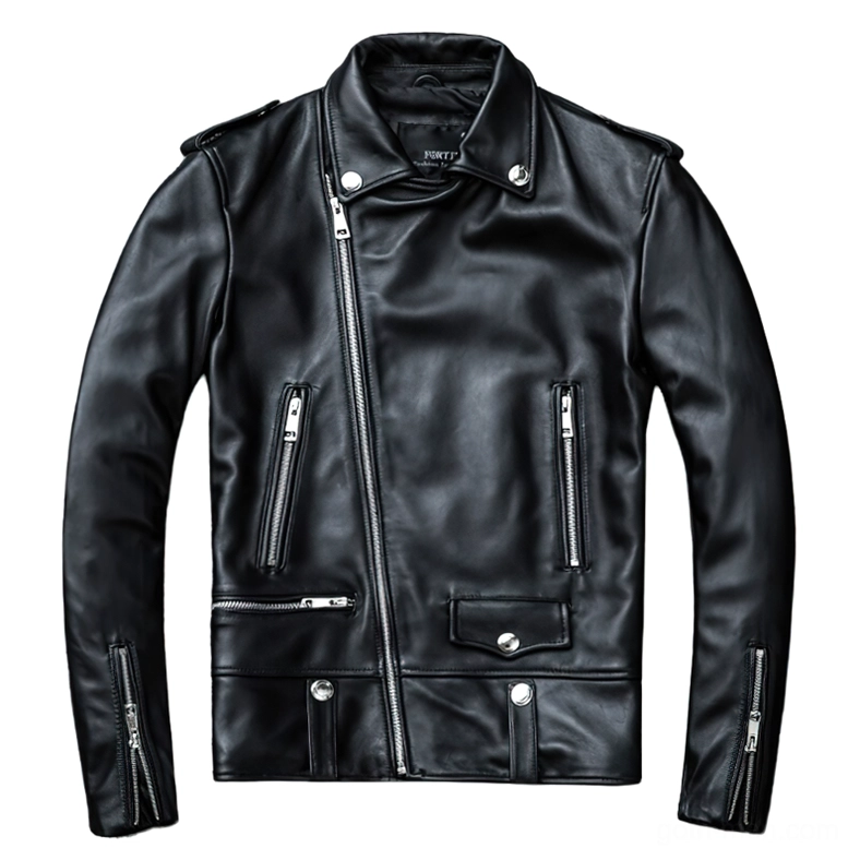 Black sheepskin leather biker jacket with asymmetrical zipper and multi-pocket gothic design - front view