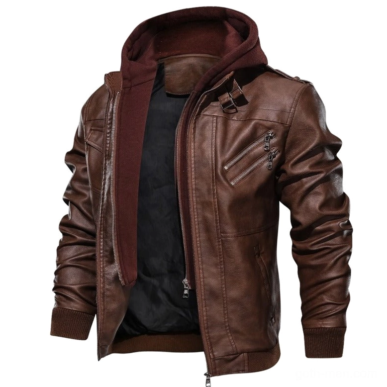 Unzipped brown gothic hooded leather jacket showing maroon interior lining and plush hood