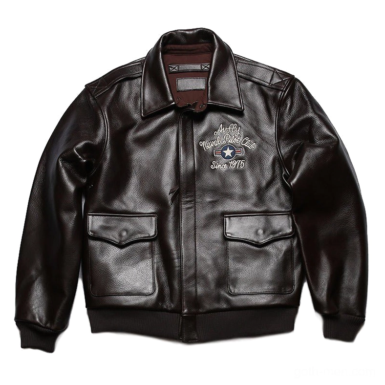 Front perspective of black-brown genuine leather gothic biker jacket with utility zippers and structured collar