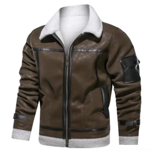 Black and white shearling gothic leather biker jacket front view with sleeve pocket detail