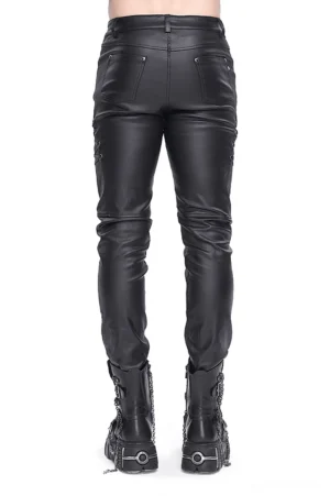 Black leather gothic pants rear view showing welt pockets and smooth leather texture
