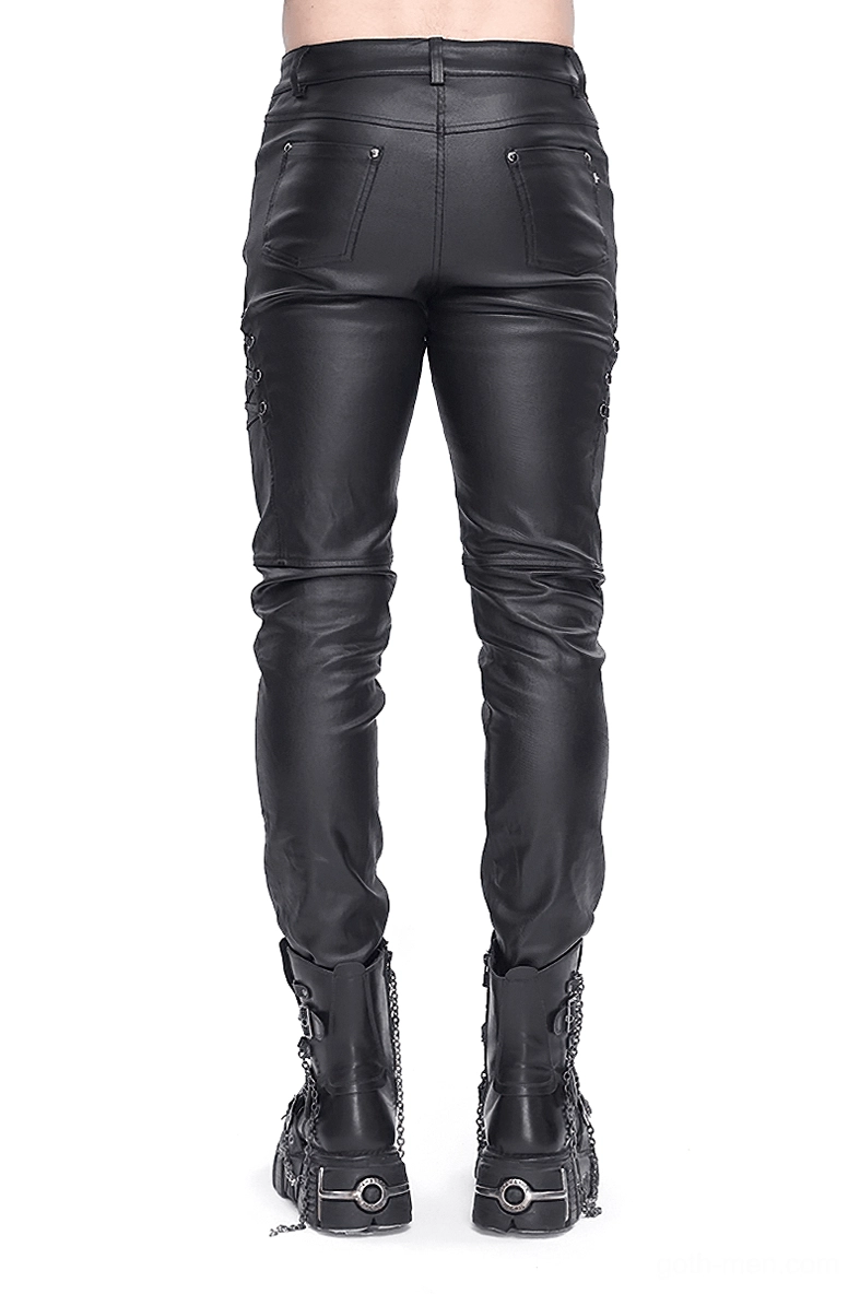 Black leather gothic pants rear view showing welt pockets and smooth leather texture