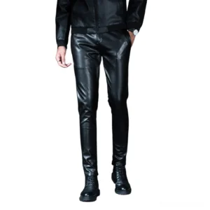 Black gothic skinny faux leather motorcycle pants with zipper accents, front straight-on view featuring ultra-slim cut and structured silhouette