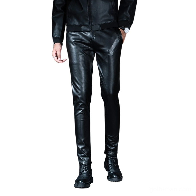 Black gothic skinny faux leather motorcycle pants with zipper accents, front straight-on view featuring ultra-slim cut and structured silhouette
