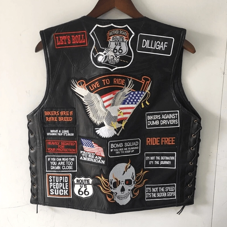 Back side gothic motorcycle leather vest on hanger with eagle and skull central embroidery