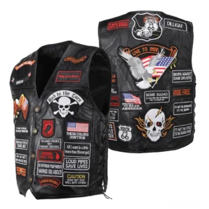 Embellished gothic motorcycle leather vest with patch details white background flat lay