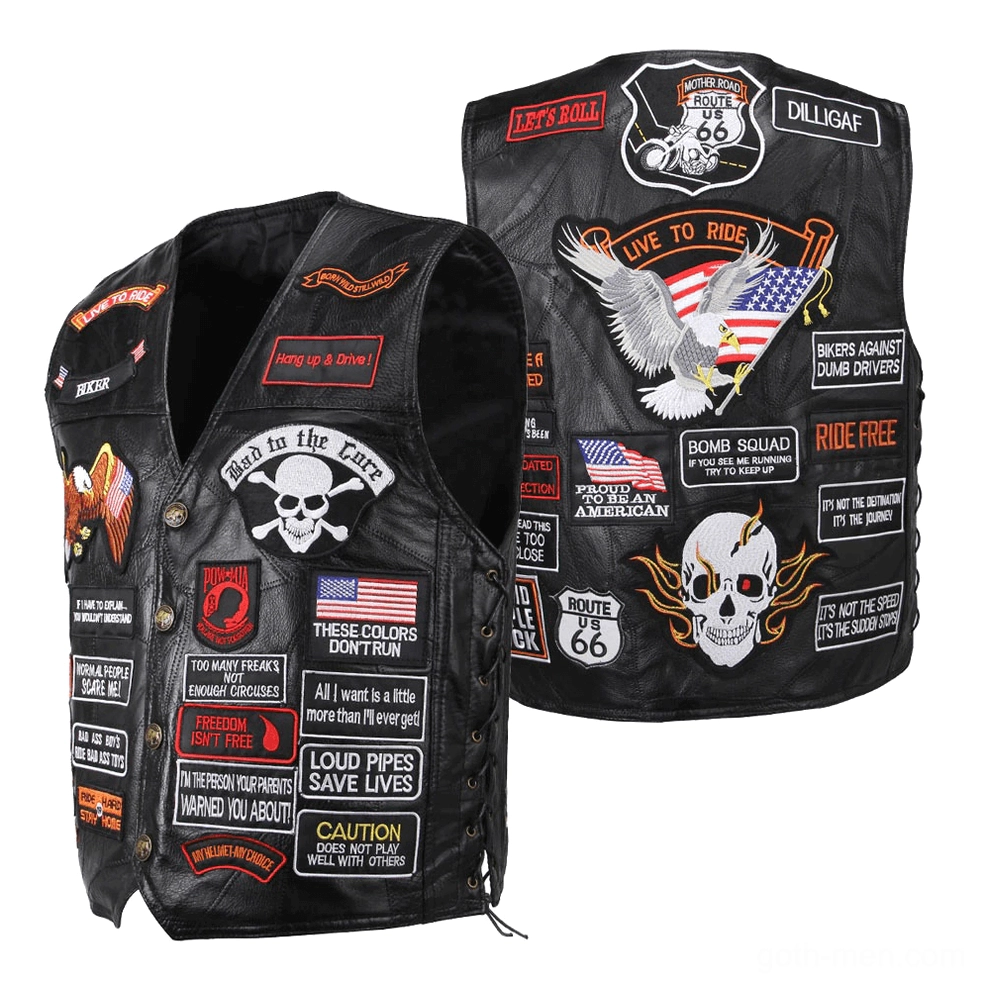 Embellished gothic motorcycle leather vest with patch details white background flat lay