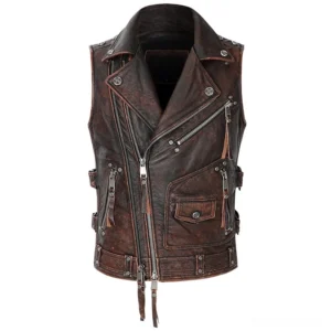 Vintage brown genuine leather gothic biker vest front three-quarter view with asymmetric zippers and multiple pockets