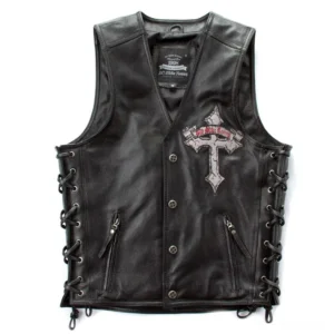 Men's black genuine leather gothic biker vest with winged skull cross embroidery, front flat lay showing side lace-up eyelets and zipper pockets