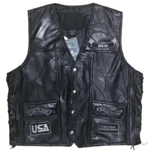Men's black gothic leather motorcycle vest front view with V-neck and button closure sleeveless design
