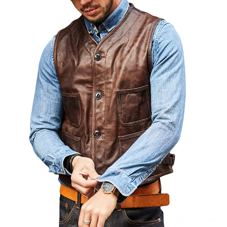 Vintage brown genuine leather slim-fit gothic biker waistcoat worn over denim, front view showcasing metal buttons and patch pockets