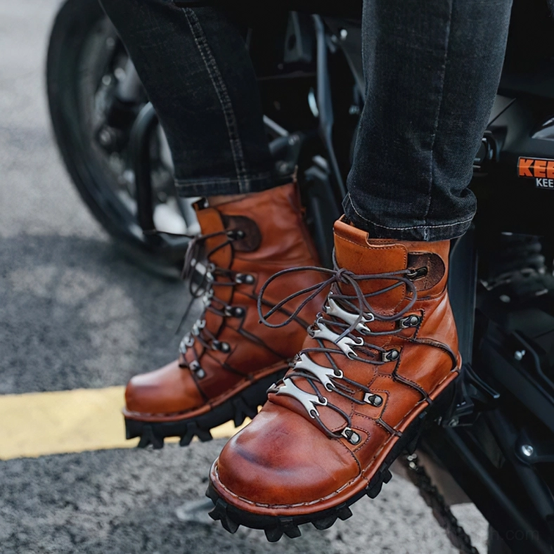 Gothic genuine leather motorcycle combat boots showcasing quality craftsmanship with metal reinforced eyelets and professional boot construction