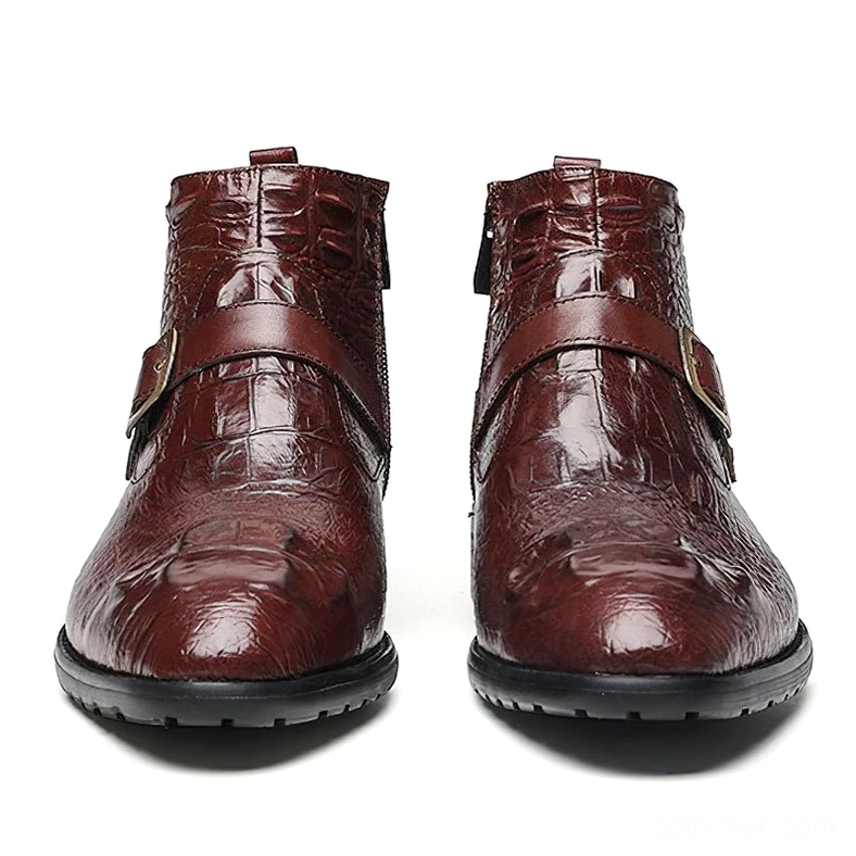 Gothic crocodile embossed leather ankle boots front direct view showing embossed texture in brown