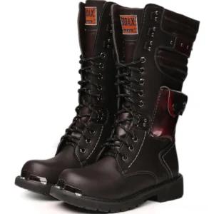 Black gothic leather knee-high lace-up boots with metal toe cap and red utility pocket - front three-quarter view