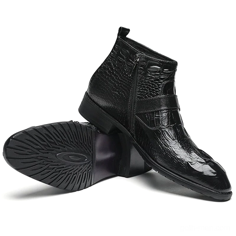 Gothic crocodile embossed leather ankle boots with side zipper closure detail, black color
