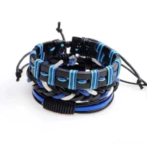 Black and blue gothic leather bracelet set of 3 pieces - flat lay top-down view showing braided rope wristbands with adjustable drawstring