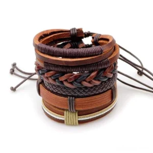 brown leather gothic bracelet set 5-piece stacked overhead view all bracelets arranged tightly showing braided rope and flat leather band details