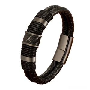 Black gothic leather bracelet with stainless steel magnetic clasp and double-layer braided design, front angled view