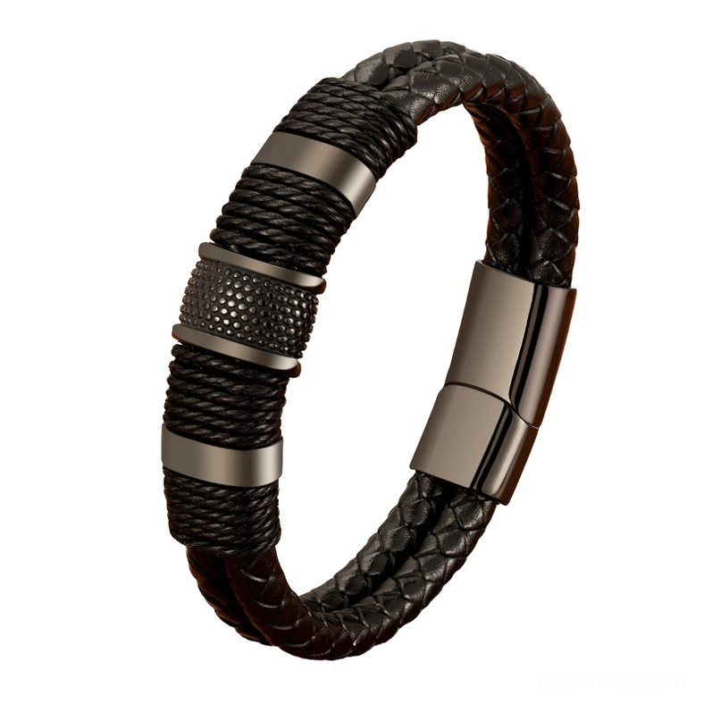 Black gothic leather bracelet with stainless steel magnetic clasp and double-layer braided design, front angled view