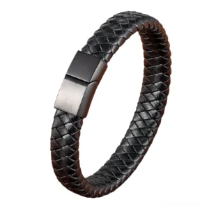 Black woven leather bracelet with matte black stainless steel magnetic clasp, gothic minimalist men's jewelry