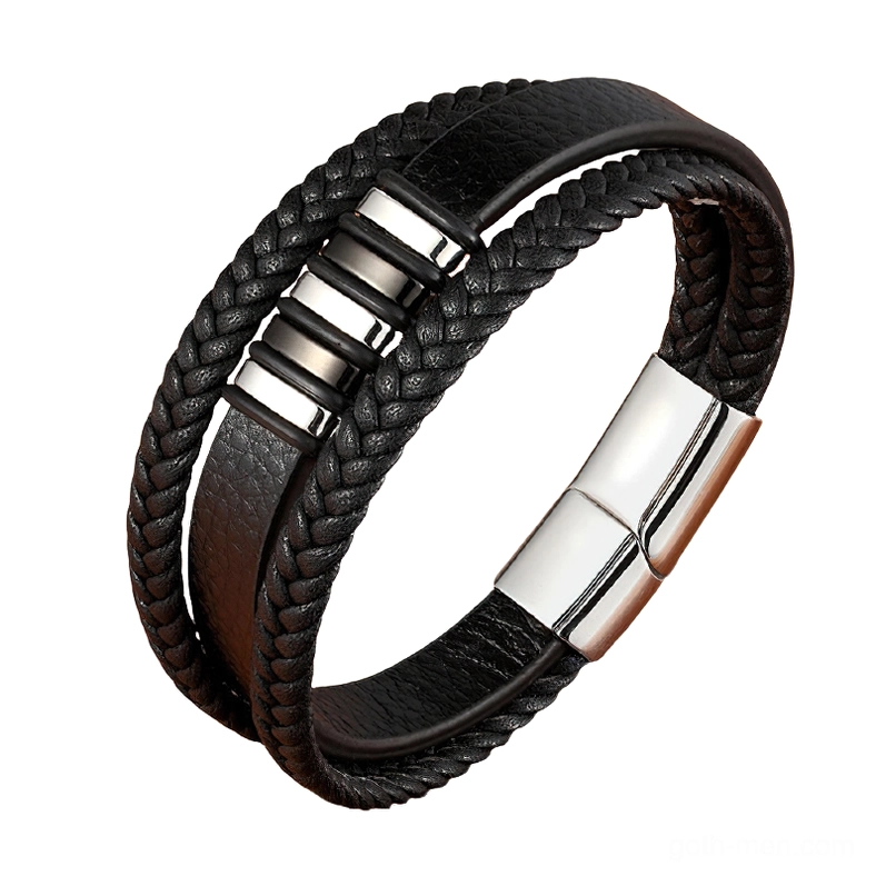 Black-silver gothic magnetic leather bracelet for men featuring geometric stainless steel details