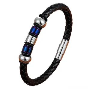 men's braided leather gothic bracelet blue with stainless steel magnetic clasp front view