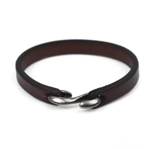 Distressed brown genuine leather gothic bracelet with antique metal hook fastener, weathered leather texture