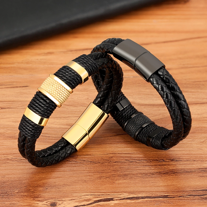 Comparison of black and gold-black gothic leather bracelets showing color options and double-layer construction