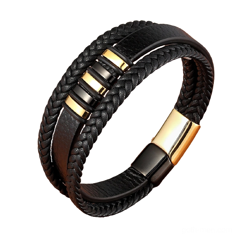 Gold-black gothic magnetic leather bracelet for men with double-layer woven design and metal accents