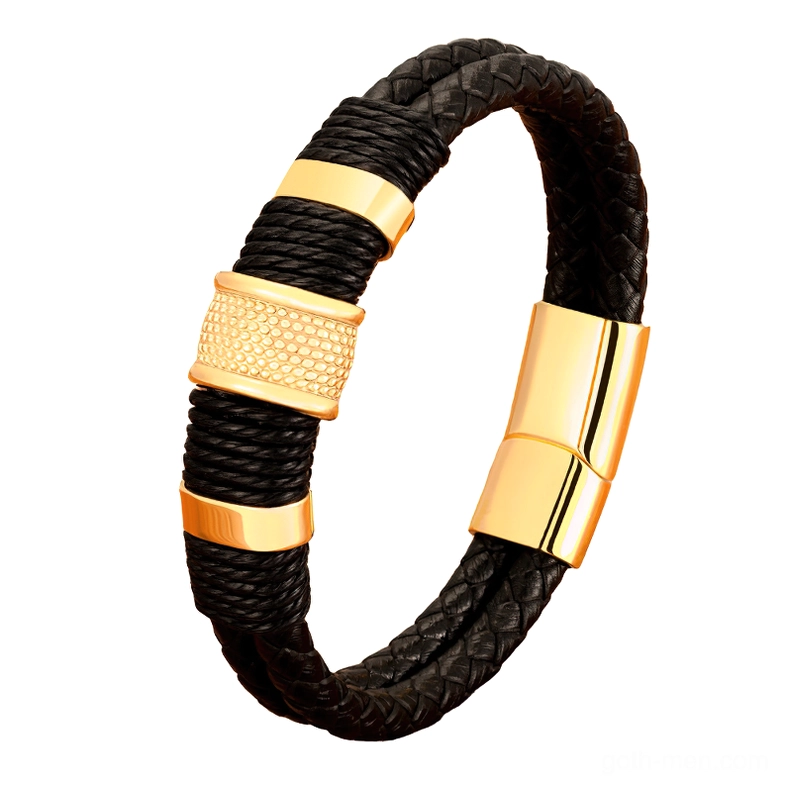 Gold and black two-tone gothic men's leather bracelet featuring contrasting stainless steel hardware and magnetic closure
