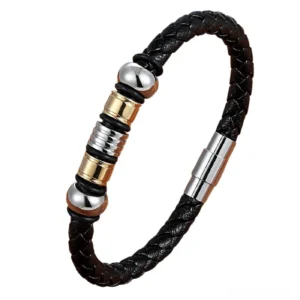 men's braided leather gothic bracelet gold accents stainless steel magnetic clasp front view