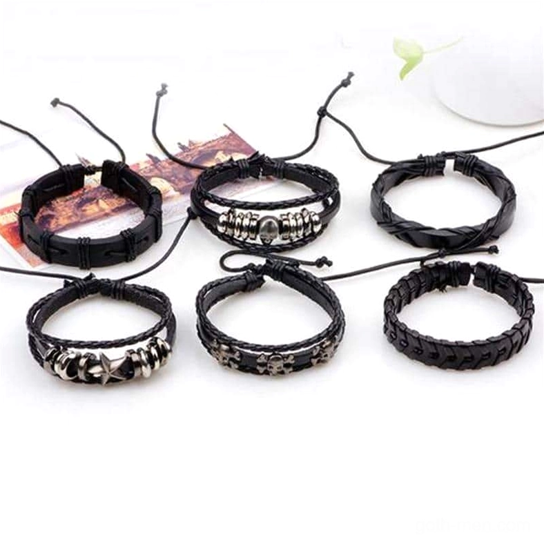 Individual black gothic leather bracelets with adjustable drawstring and metal hardware