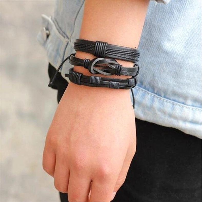 Stacked black leather gothic bracelets men wrist multiple styles metal accent detail
