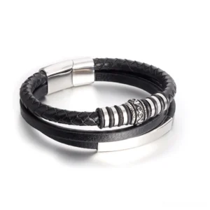 Men's Gothic dual-layer black leather bracelet with stainless steel magnetic clasp - front view